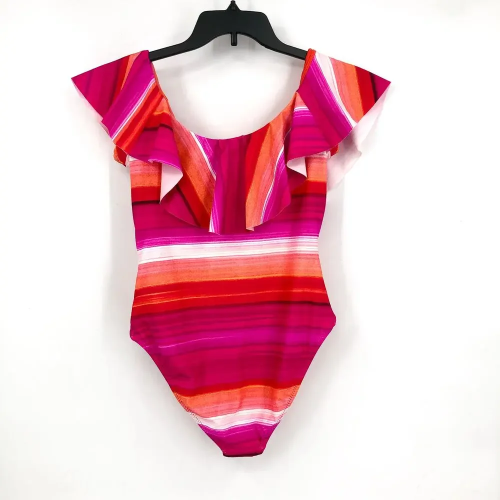 TRINA TURK Womens Solstice One Piece Swimsuit Size 10 Pink Off The Shoulder NWT